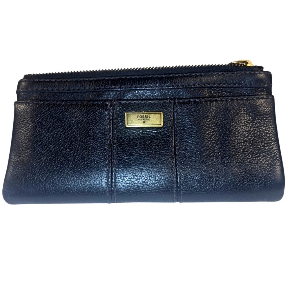 Vintage Fossil Emory Black Pebbled Leather Clutch Wallet Bi-Fold Organizer